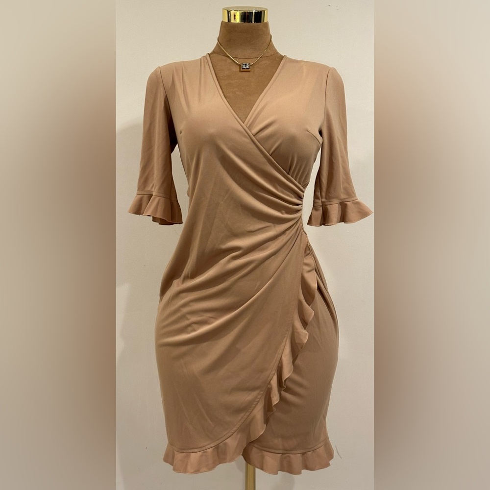 Express  Golden Yellow V Neck Wrap Look, Ruffle Edges Draped Midi Dress Sz S